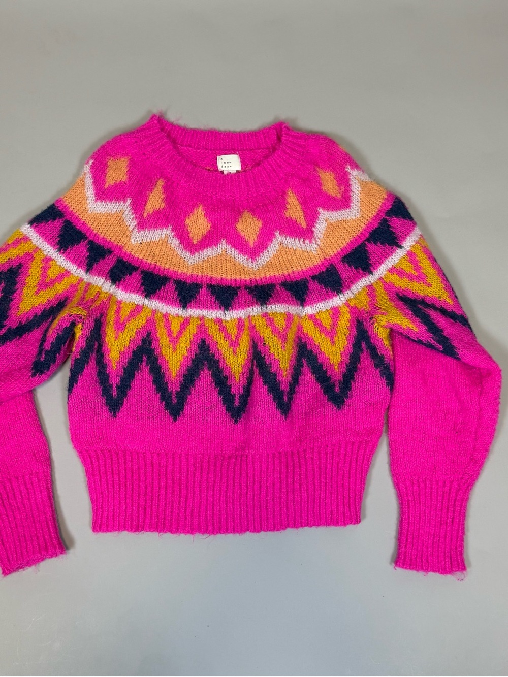 a new day Pink Fair Isle Crewneck Sweater with Yellow & Navy Accents
